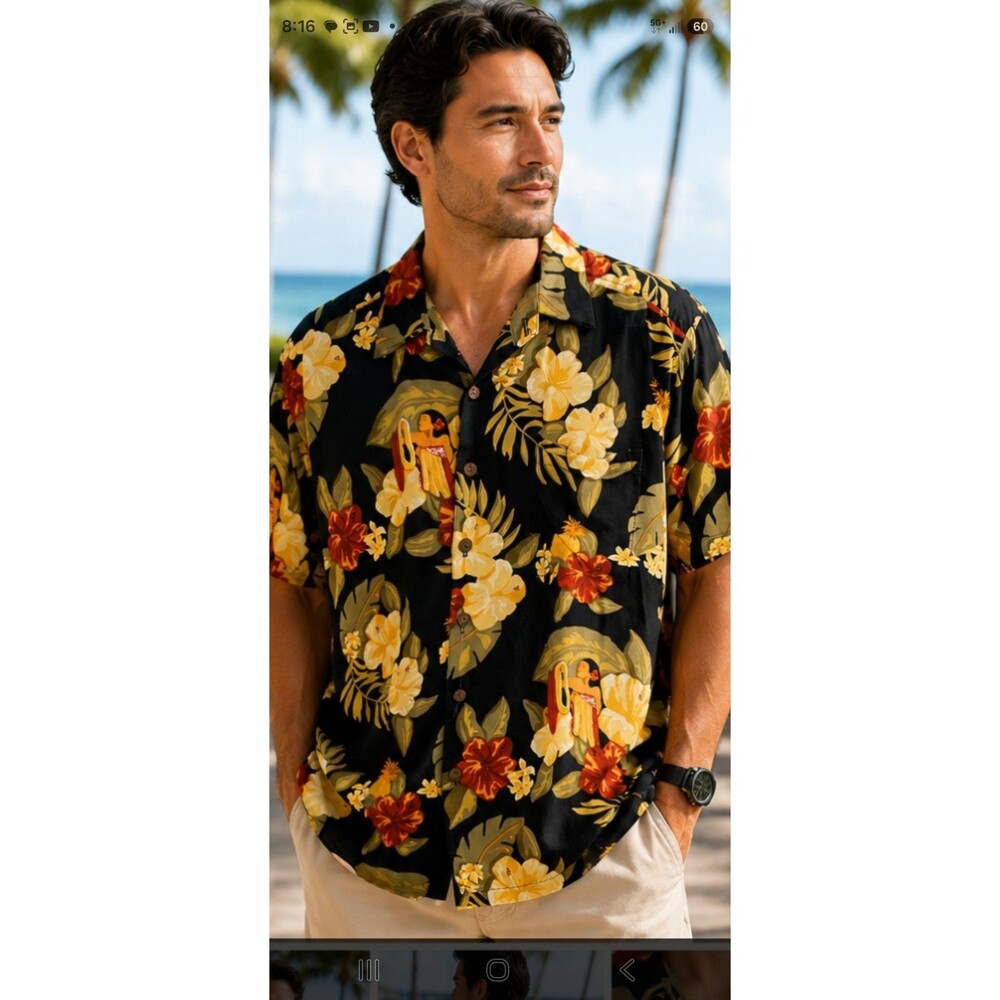 Kahala Hawaii Aloha Shirt Mens Black Floral Hula Girl Tropical Button Front Sz M